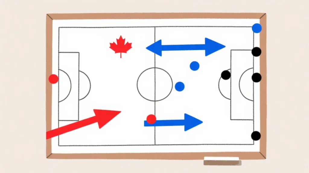加拿大队战术板：进攻推进箭头与防守站位的对照示意图